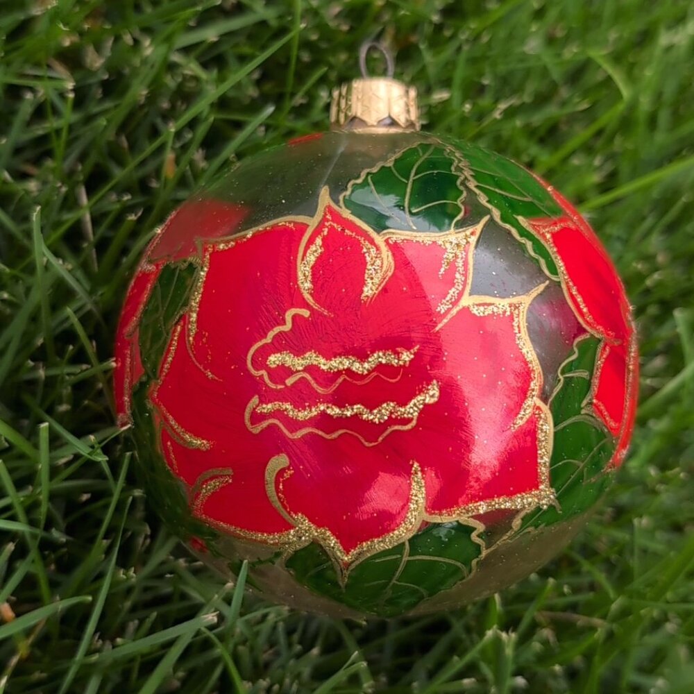 Vintage Living Quarters Glass Sphere With Hand painted Red Flowers